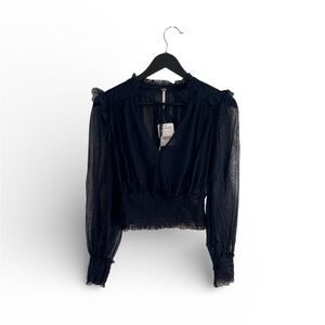 NWT Free People Navy Sheer Long-Sleeve Smocked Blouse